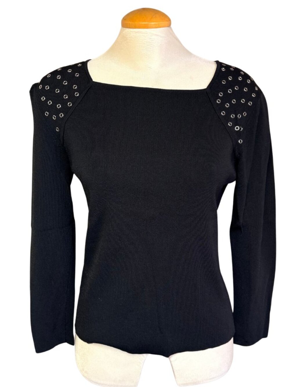 Cable & Gauge Black Square-Neck Long Sleeve Top with Grommet Shoulder Detail